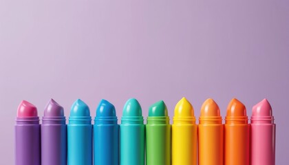 Collection of assorted colorful lip balm sticks arranged in a row against a soft purple backdrop. Items offer lip care and hydration with varied shades, promoting beauty routines and smooth skin.