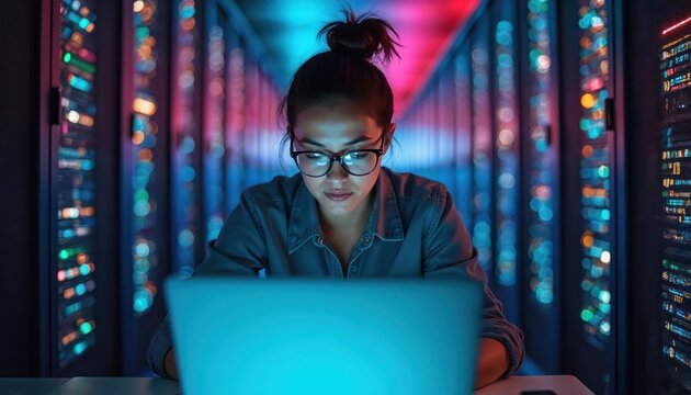 Woman focused on laptop in server room. Rows of glowing computer servers create colorful background. Person works with data. Tech expert in data center. - Powered by Adobe