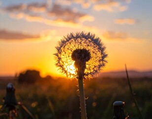 A close-up view captures a dandelion seed head in silhouette as the sun sets, casting warm hues across the sky