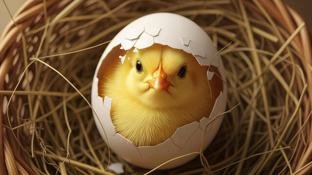 Baby bird emerging from an egg in a grassy nest