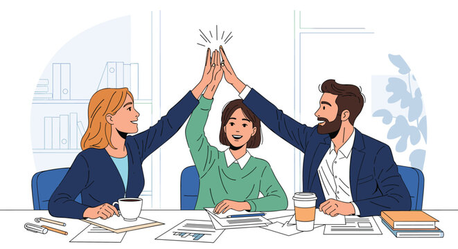 Happy business team giving high five together in office
