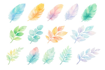 Fototapeta premium Watercolor feathers and leaves collection creating a soft botanical and avian aesthetic, isolated on transparent background