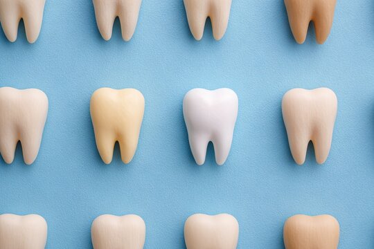 Dental health concept collection of teeth with varying shades on blue backdrop
