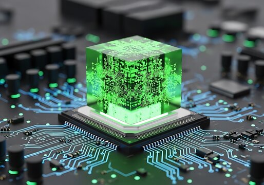 Close-up of a futuristic motherboard with glowing green circuitry and a central luminous cube, representing advanced technology, data processing, and digital innovation.