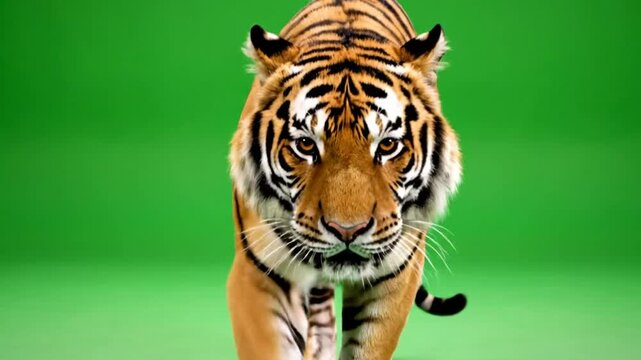 Majestic Tiger Walking On Green Screen Background Creating Powerful Wildlife Animal Nature Motion Video