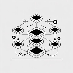 Minimalist isometric network illustration with interconnected black geometric shapes, data flow lines, and stacked elements.
