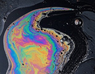 A close-up view capturing the vibrant, iridescent colors within an oil slick, forming abstract patterns on a dark surface