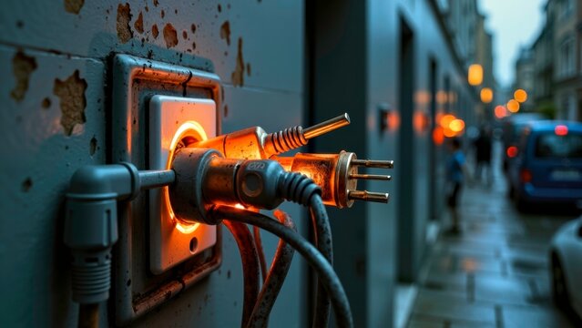 Dangerous scene image of wall plug overload and combustion