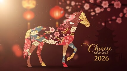 Vibrant horse in traditional Chinese New Year 2026 design with floral patterns
