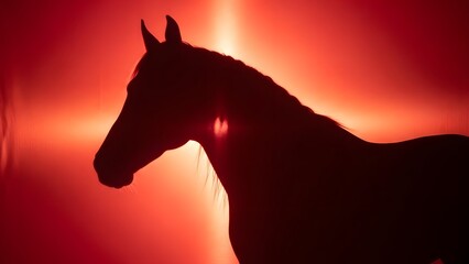 Theme Chinese New Year,&nbsp;Majestic horse silhouette against vibrant red sunset background
