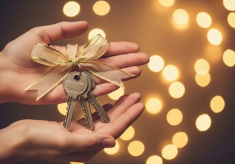 Womans hand holding house keys with a golden ribbon over bokeh lights. Real estate gift concept for new home ownership
