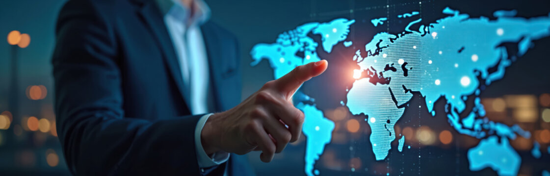 Man in suit points at glowing digital world map. Focus on global connection, future tech, data network. International business collaboration for growth. - Powered by Adobe