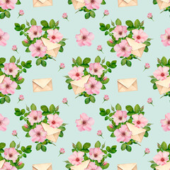 Watercolor Pink Roses and Envelopes Seamless Pattern
