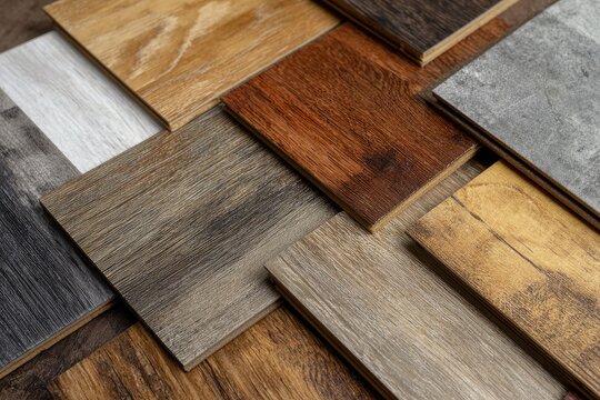 Assorted wood flooring samples arranged in a stylish, diagonal pattern, showcasing various colors and textures