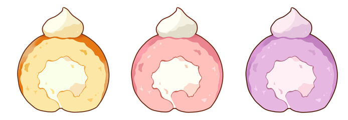 kawaii cake roll illustration collection and pastel cake bakery set with transparent background png