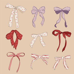 Fototapeta premium Vector set of red, pink, violet bows and bows with hearts. Hand-drawn gift ribbons isolated on beige background. Holiday illustration for design, print, fabric or background.