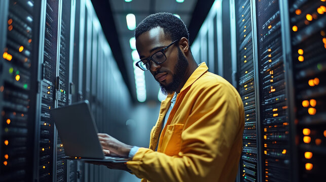 System administrator works in server room, managing network security and data processing systems, artificial intelligence technology.