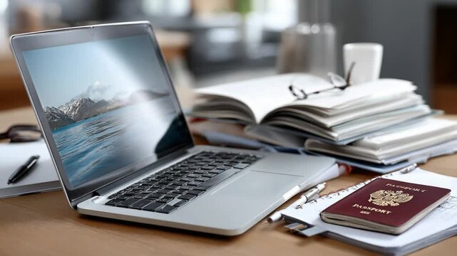 Working Desk Essentials: A modern laptop takes center stage on a well-organized desk, complemented by important documents, a passport, and essential office items, embodying efficiency.