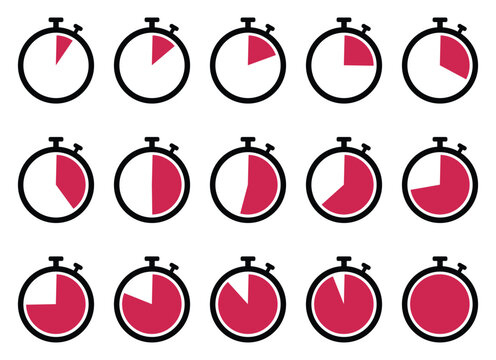 Stopwatch icon set in red color on white background. Collection of countdown timer and clock symbols. Stopwatch Clock with Different Time Segments Vector. 
