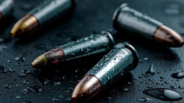 Close-up sequence of metallic bullets with water droplets on a dark surface, showcasing detailed textures and reflections in a visually striking arrangement