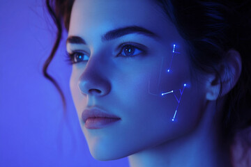 Interacting with digital holographic interface in futuristic virtual space innovation scene, generative ai