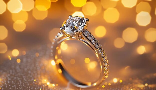 White gold engagement ring with round sapphire cut diamond solitaire, thin pave diamond band, elegant prong setting, standing upright position, soft blurred background with warm golden bokeh lights
