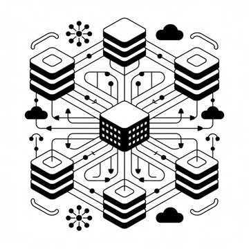 Monochromatic isometric network diagram featuring interconnected server stacks, central processing unit, and cloud computing symbols.