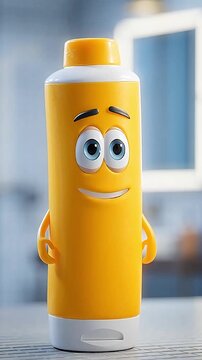 A cute 3D animated sunscreen bottle character in cartoon style