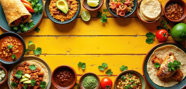 Diverse Mexican dishes served on bright yellow table. Featuring tacos, pozole, tamales, and burrito. Fresh cilantro, lime, avocado garnish. Colorful cuisine.