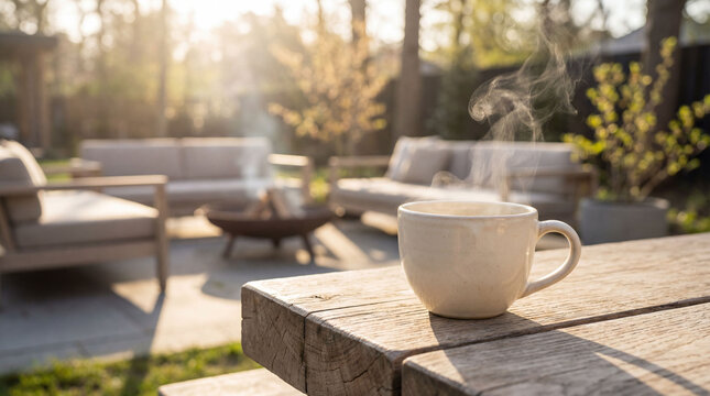 Morning coffee on a wooden table in a modern backyard during early spring with sunlight shining through trees