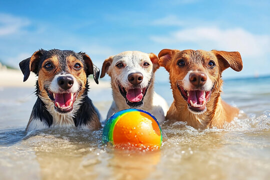 Generative AI image of joyful dogs swimming in the sea with a yellow ball, enjoying playful summer fun and water adventure together