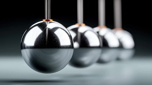 Metallic pendulum balls in motion, showcasing a continuous swing with reflections and shadows, captured in a studio setting with a dark background and smooth surface