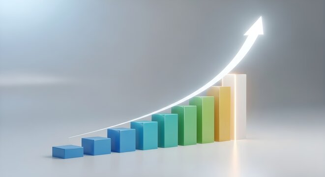 Colorful ascending bar chart rising across a neutral studio with a glowing upward arrow indicating steady business growth and financial progress in a minimalist presentation