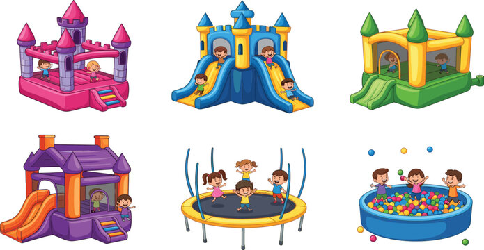Set of inflatable bounce houses and kids playground attractions vector illustration, fun jumping castles for party event design