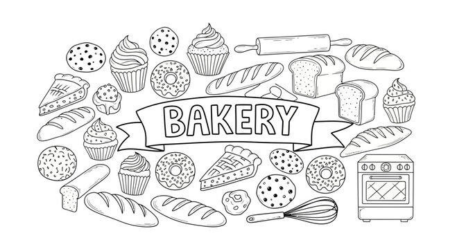Assorted bakery items illustration in Doodle Vector style, featuring bread, pastries, and baking utensils around a banner