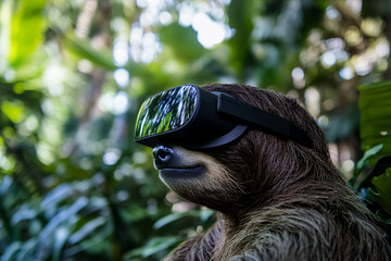 Obraz premium Funny Wild Animal Sloth Using Virtual Reality Glasses In Jungle Forest Nature Generative AI