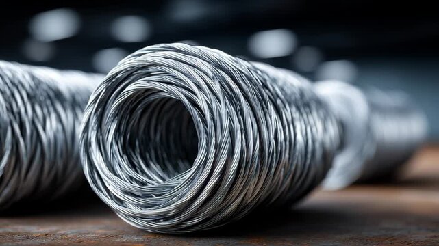 Close-up view of coiled steel wire rolls arranged on a wooden surface, showcasing the intricate details and textures of the metal strands in a workshop setting