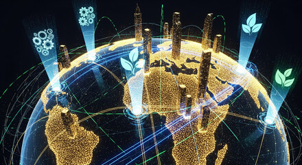 Digital Earth Globe with Sustainability Icons and Network Connectivity