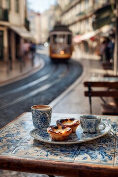 Pastel de nata and espresso on tiled table in Portuguese cafe. Azulejo tiles and tram rails curve in blurred Lisbon background.