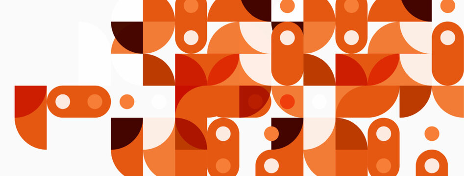 Abstract geometric pattern. Orange shapes overlap white background creating midcentury modern aesthetic. Simple forms, playful design.