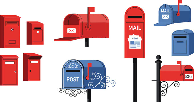 Set of postal mailboxes vector illustration, red and blue mailbox collection for delivery and communication design
