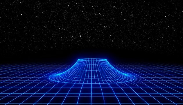 Futuristic grid landscape with glowing blue mesh against starry night sky