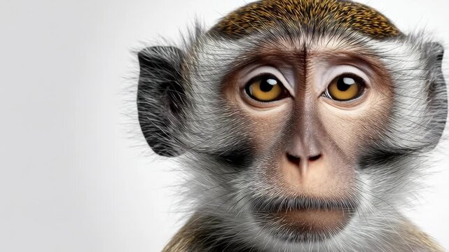 Monkey with expressive eyes gazes directly at the viewer, showcasing detailed facial features and fur texture against a soft, neutral background, emphasizing its natural beauty and curiosity