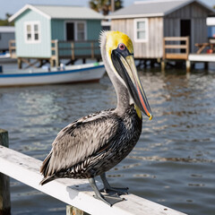 A Louisiana brown pelican perched on the water at a fishing camp