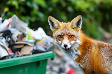 Urban fox standing near green garbage bin surrounded by trash showing wildlife adaptation and pollution issue, generative ai