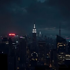Obraz premium Dark, moody, neon-lit skyline at night