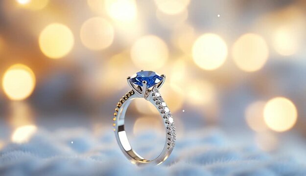 White gold engagement ring with round sapphire cut sapphire solitaire, thin pave sapphire band, elegant prong setting, standing upright position, soft blurred background with warm golden bokeh light