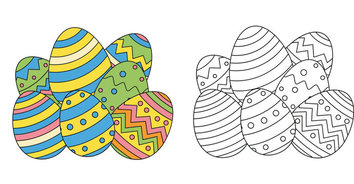 Colorful and outline Easter eggs vector illustration set. Decorated egg pile for coloring book page, holiday greeting, and spring decoration.