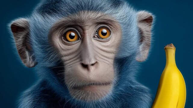 Blue monkey with large expressive eyes holds a ripe yellow banana in its hand, showcasing a close-up view against a solid blue background, emphasizing the vibrant colors and textures