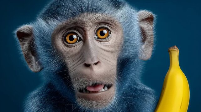 Blue monkey with large expressive eyes holds a ripe yellow banana, displaying curiosity and engagement in a vibrant blue background setting, showcasing the animal's unique features and expression